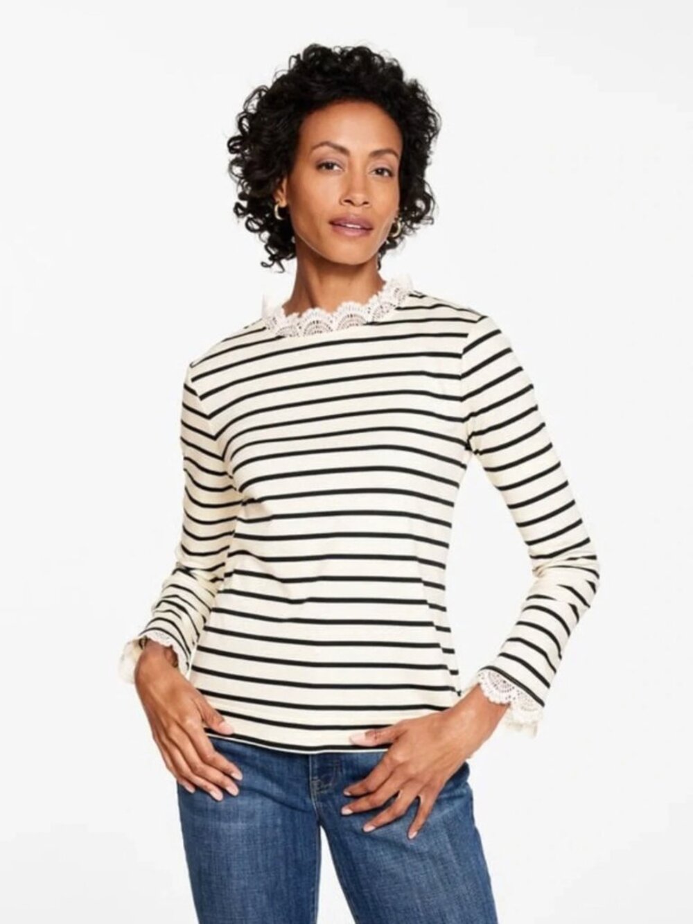 Lace Trim Crewneck Tee - Saybrook Stripe